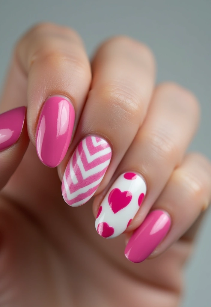 20 Cute Pink and White Polka Dot Nail Designs That Will Brighten Your Day! - 4. Striped and Dotted Mix