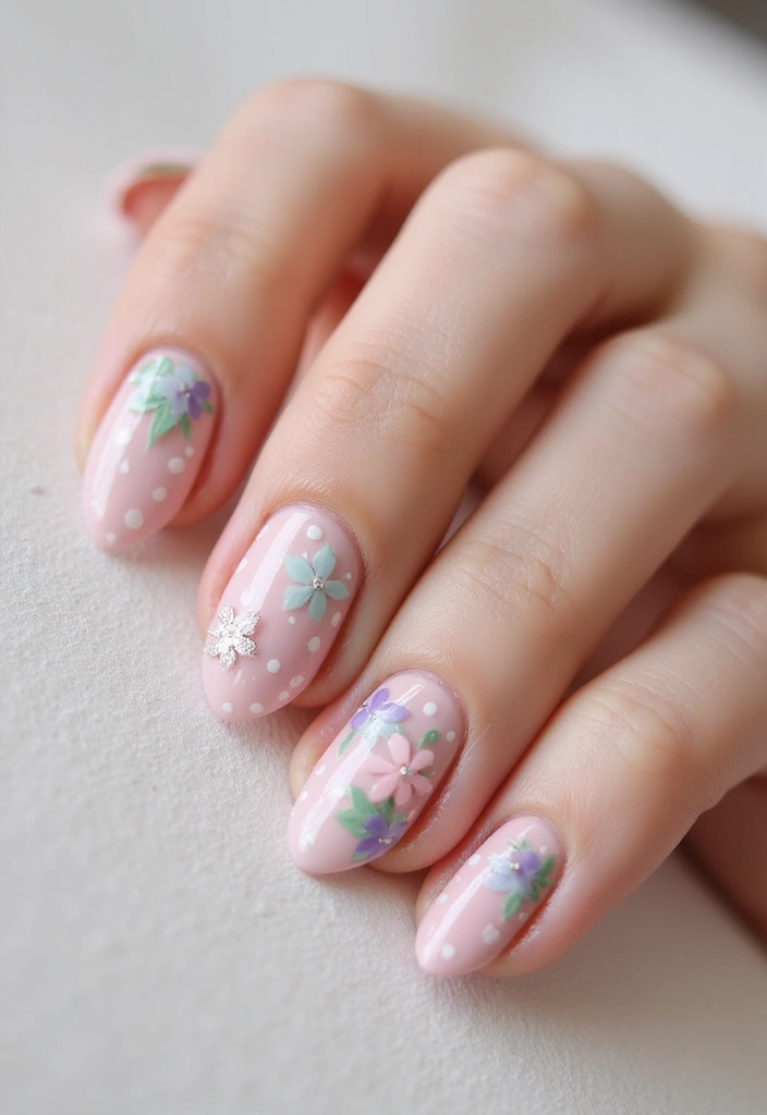 20 Cute Pink and White Polka Dot Nail Designs That Will Brighten Your Day! - 8. Floral Polka Dot Combo