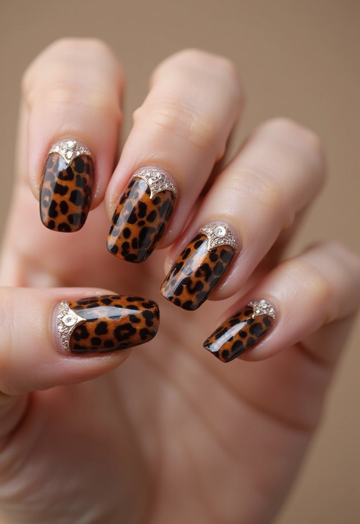 25 Mixed Animal Print Nail Designs That Will Make Your Friends Jealous! - 14. Glamorous Leopard Bling