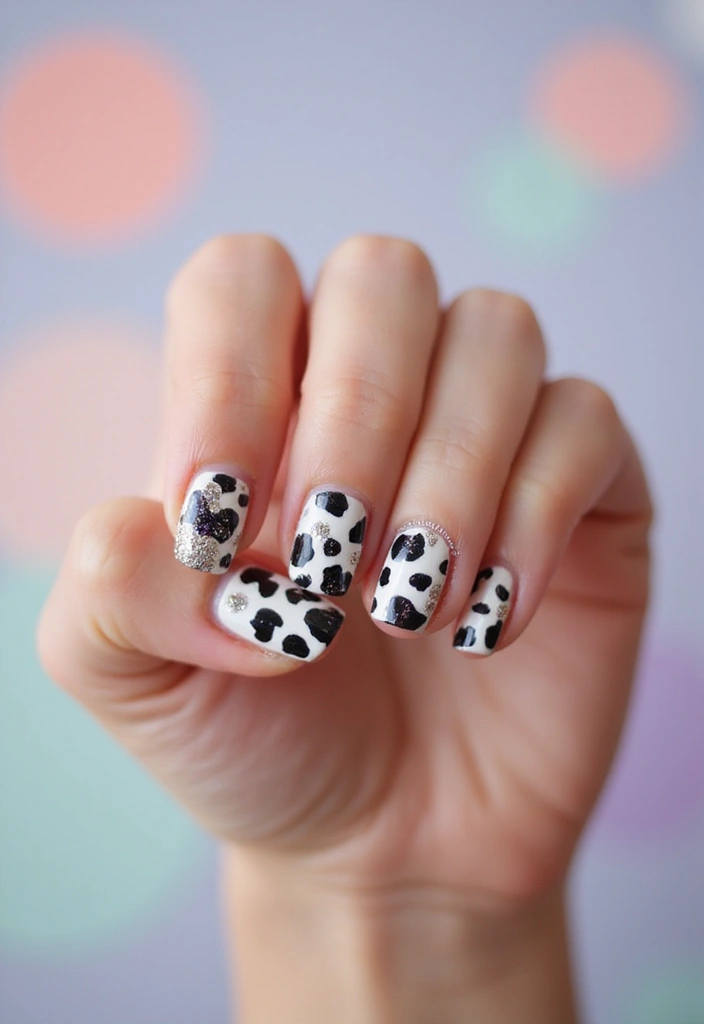25 Mixed Animal Print Nail Designs That Will Make Your Friends Jealous! - 17. Playful Cow and Glitter