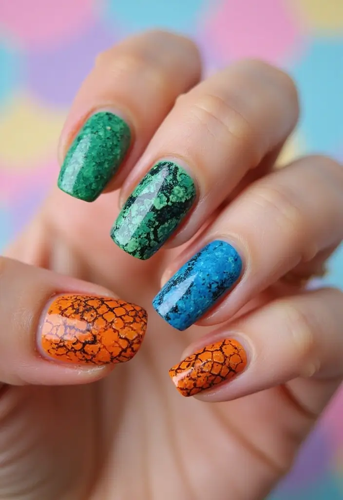 25 Mixed Animal Print Nail Designs That Will Make Your Friends Jealous! - 19. Bold and Bright Snakeskin