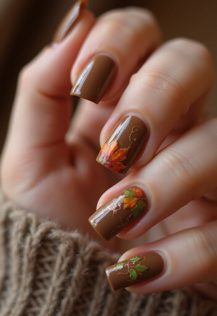 10 Stunning Fall Nails in Brown That Will Turn Heads This Season! - 5. Autumn Leaves Accents