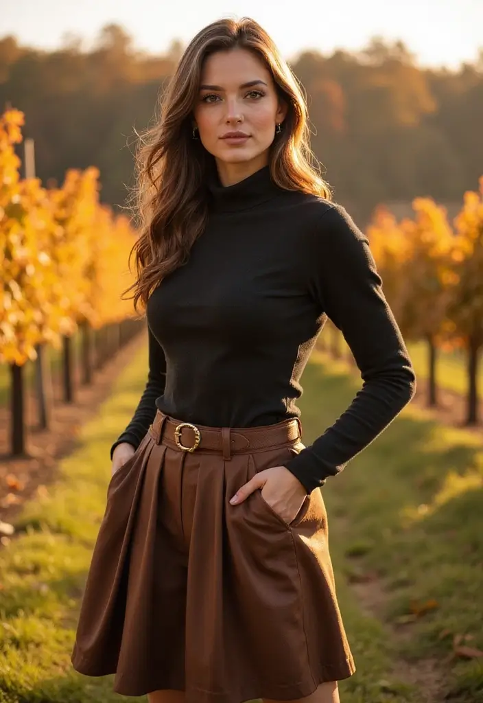10 Winery Outfit Ideas for Fall That Will Make You the Star of Any Vineyard! - 3. Classic Turtleneck with a Pleated Skirt