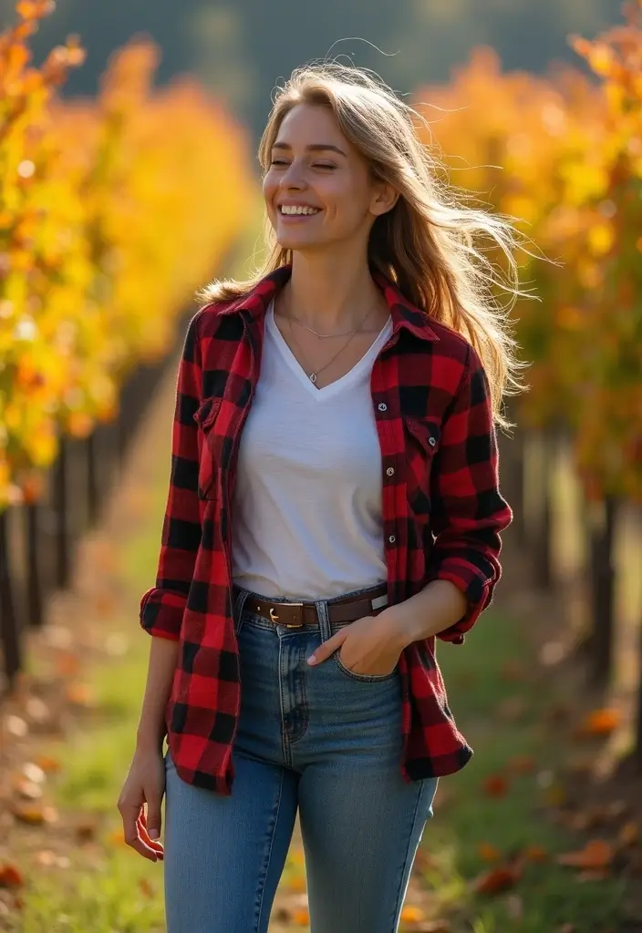 10 Winery Outfit Ideas for Fall That Will Make You the Star of Any Vineyard! - 4. Chic Layered Look with a Flannel Shirt