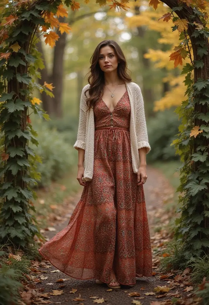 10 Winery Outfit Ideas for Fall That Will Make You the Star of Any Vineyard! - 5. Bohemian Maxi Dress with a Knit Cardigan