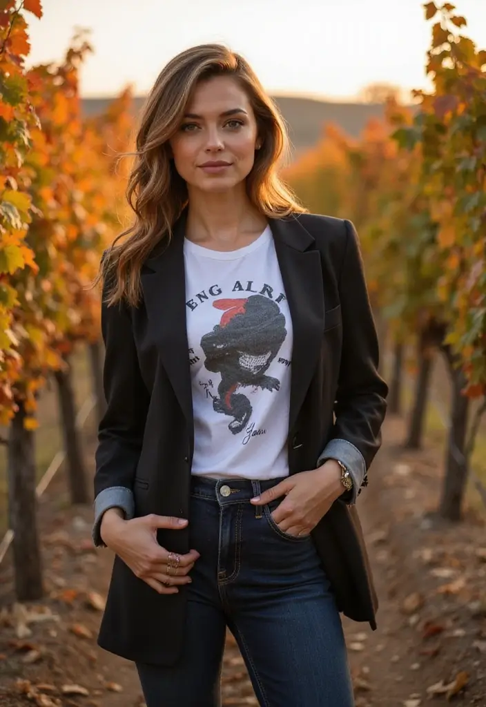 10 Winery Outfit Ideas for Fall That Will Make You the Star of Any Vineyard! - 6. Tailored Blazer with a Graphic Tee