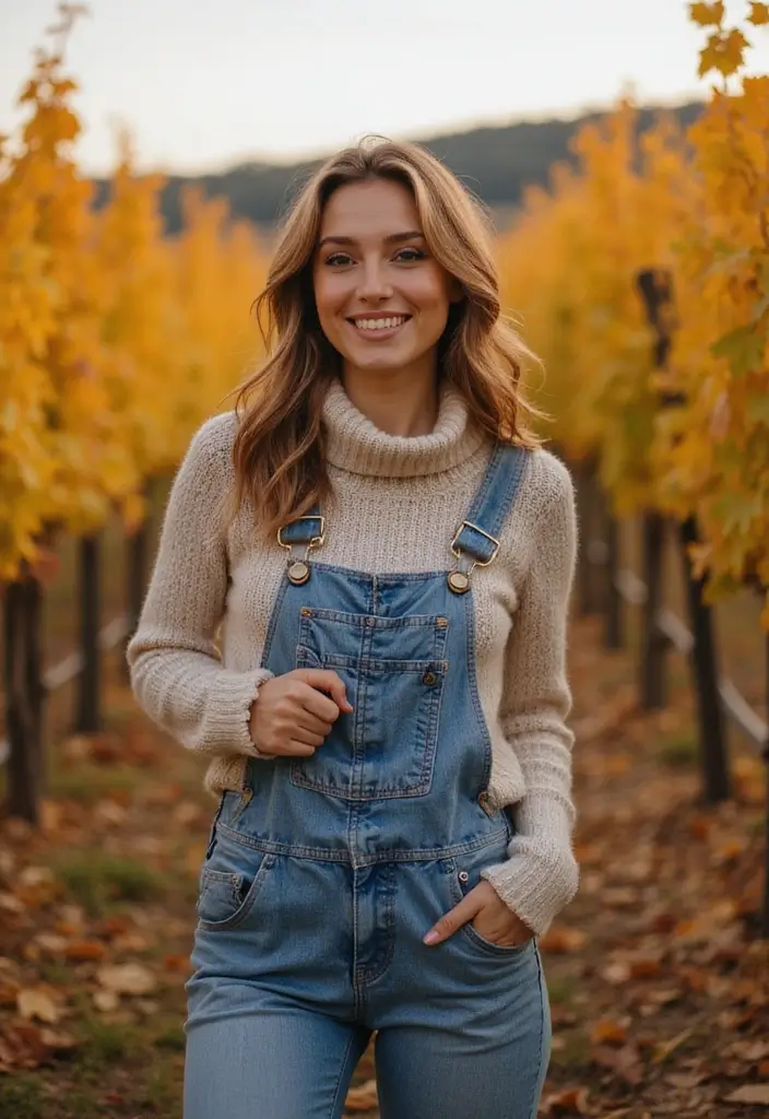 10 Winery Outfit Ideas for Fall That Will Make You the Star of Any Vineyard! - 8. Stylish Overalls with a Cozy Turtleneck