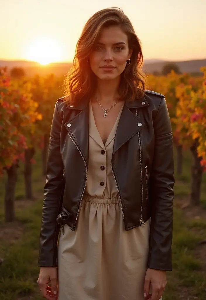 10 Winery Outfit Ideas for Fall That Will Make You the Star of Any Vineyard! - 9. Timeless Leather Jacket with a Simple Dress