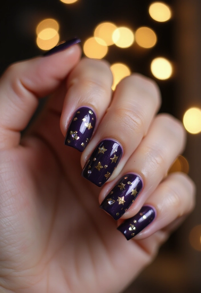 19 Diseños de Uñas Moradas con Dorado para Mantenerte Cálida Este Invierno! - 1. Lluvia de Estrellas