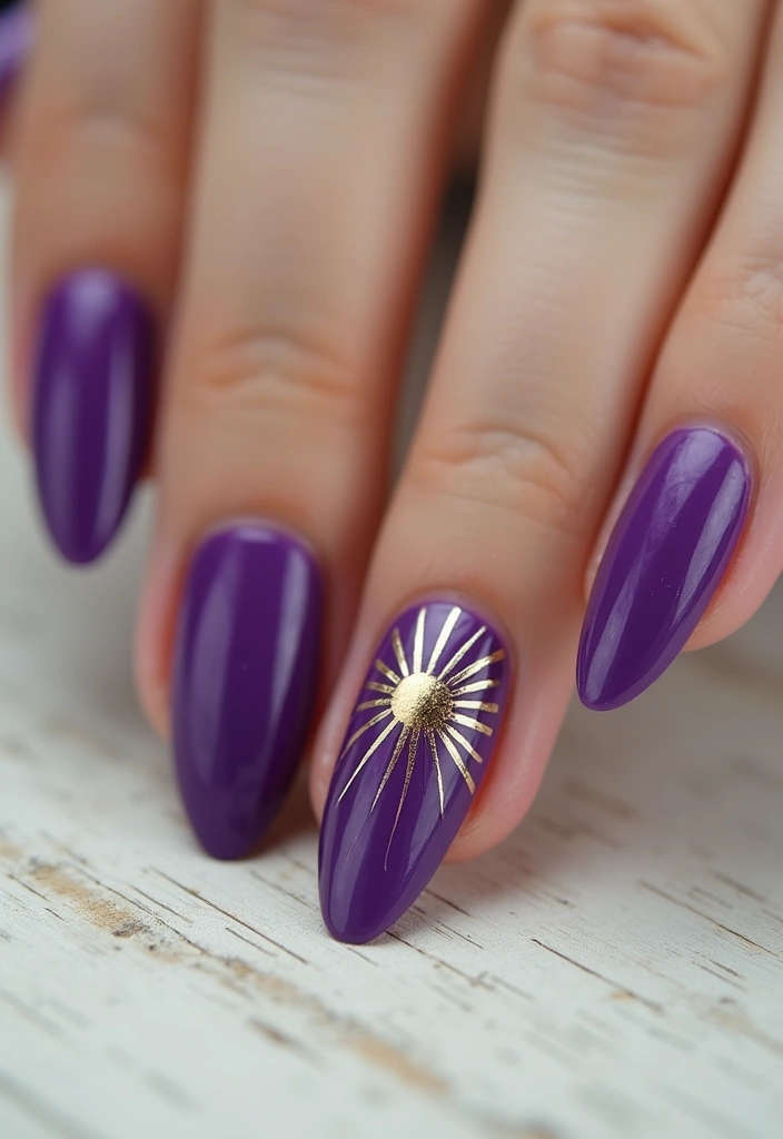 19 Diseños de Uñas Moradas con Dorado para Mantenerte Cálida Este Invierno! - 4. Rayos de Sol