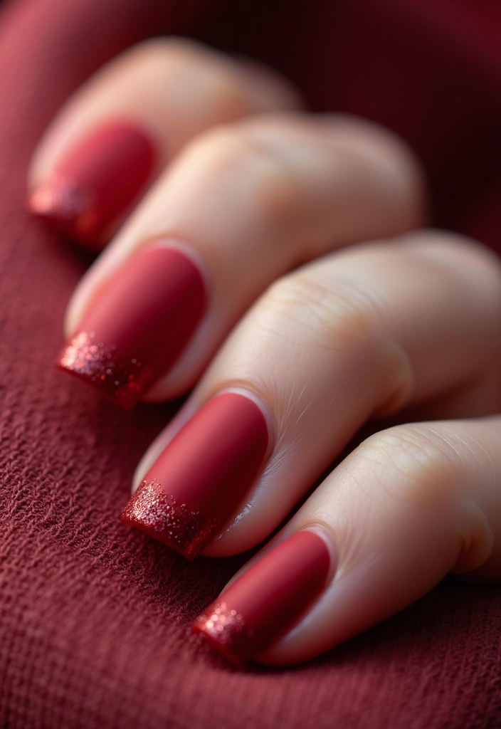 10 Stunning Red Fall Nail Designs That Will Make You Fall in Love! - 3. Matte Red with Glitter Tips