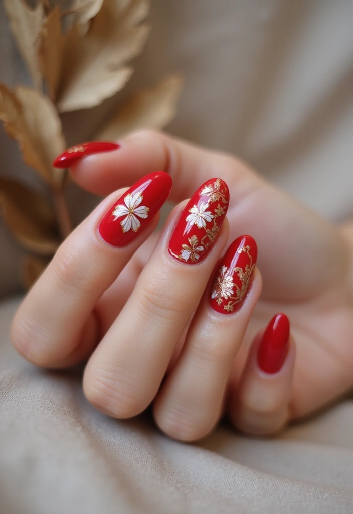10 Stunning Red Fall Nail Designs That Will Make You Fall in Love! - 4. Floral Red Patterns