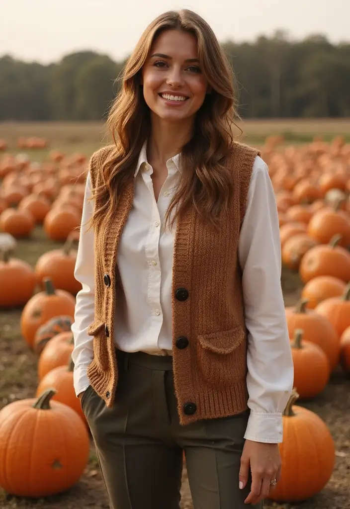 15 Casual Fall Outfits That Will Make You the Star of Every Pumpkin Patch! - 11. Sweater Vest Over a Button-Up Shirt
