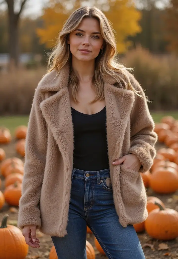 15 Casual Fall Outfits That Will Make You the Star of Every Pumpkin Patch! - 12. Faux Fur Jacket with a Bodysuit