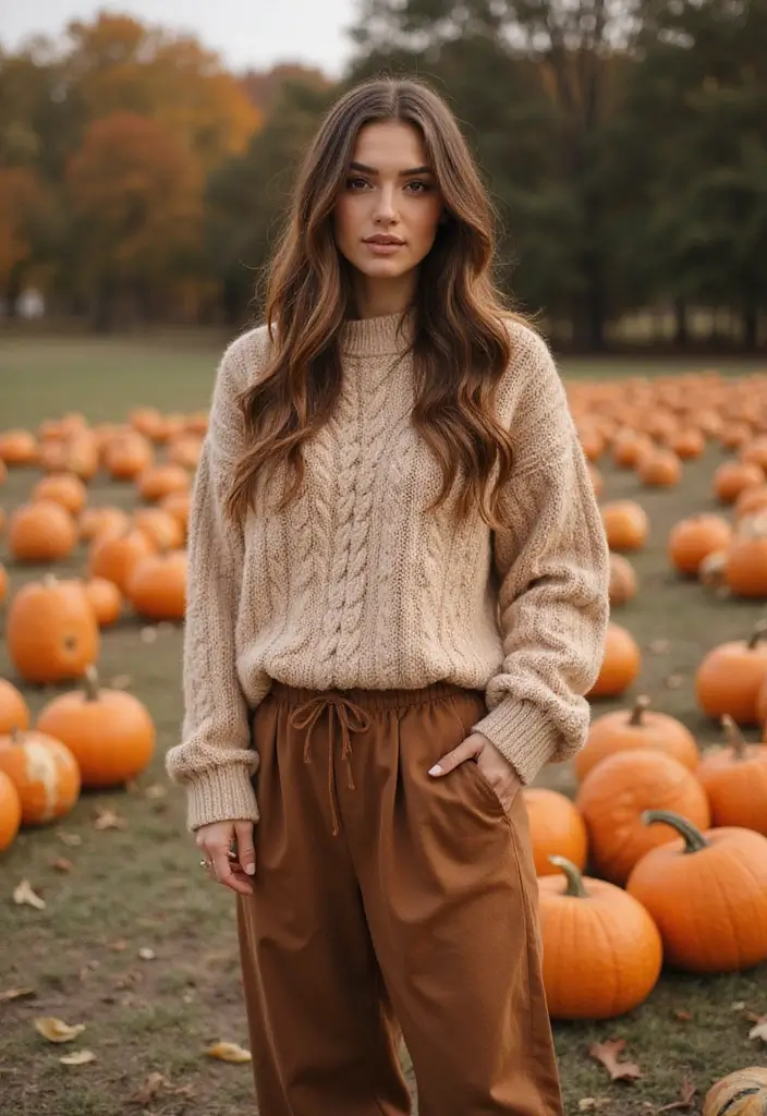 15 Casual Fall Outfits That Will Make You the Star of Every Pumpkin Patch! - 7. Cable Knit Sweater with Wide-Leg Trousers
