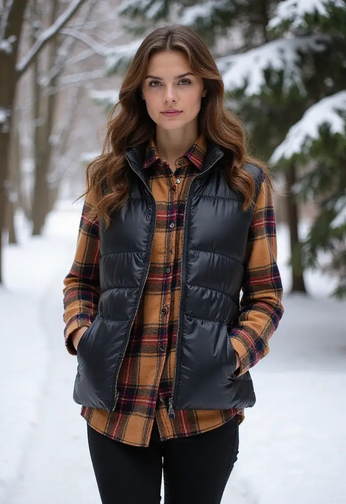 15 Cute Winter Outfits That Will Keep You Cozy and Stylish This Season! - 2. Flannel Shirt with Puffer Vest