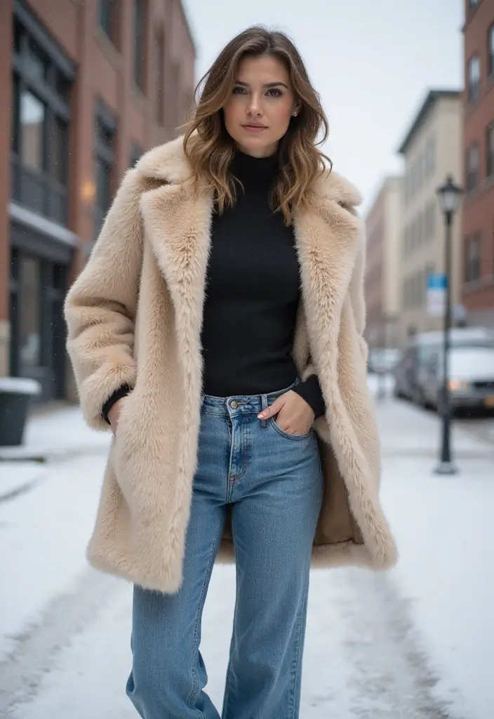 15 Cute Winter Outfits That Will Keep You Cozy and Stylish This Season! - 6. Faux Fur Coat with Jeans