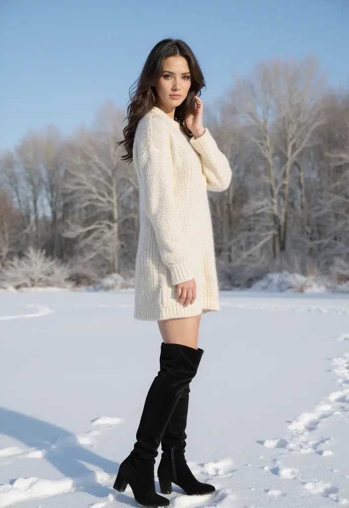 15 Cute Winter Outfits That Will Keep You Cozy and Stylish This Season! - 8. Sweater Dress with Over-the-Knee Boots