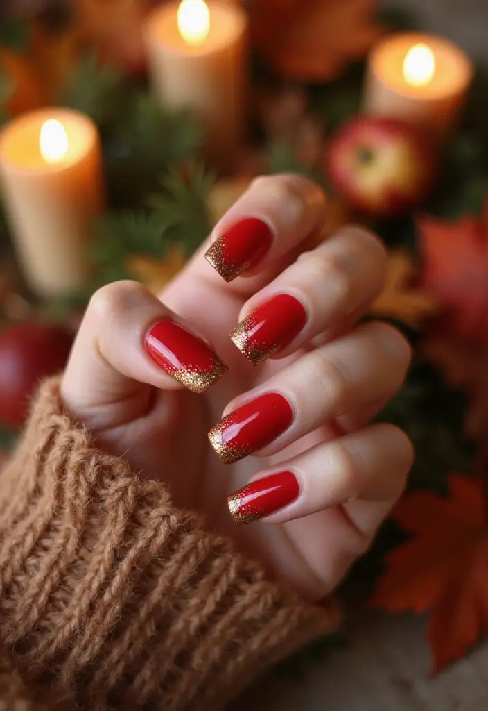 10 Stunning Fall Nails in Red That Will Make You Fall in Love! - 5. Red and Gold Glitter Combo
