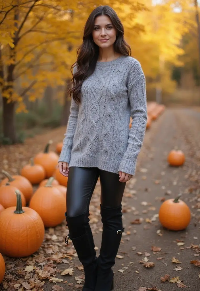 21 Fall Outfits for Women That Will Make You the Envy of Every Pumpkin Patch! (#14 Is a Must-See!) - 10. Cable Knit Sweater + Leather Leggings