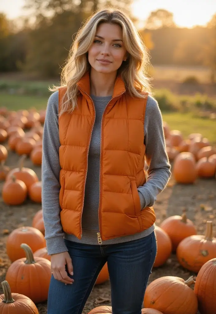 21 Fall Outfits for Women That Will Make You the Envy of Every Pumpkin Patch! (#14 Is a Must-See!) - 11. Puffer Vest + Long Sleeve Tee