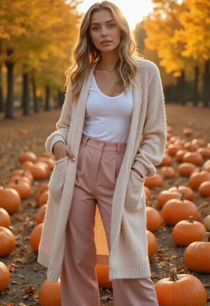 21 Fall Outfits for Women That Will Make You the Envy of Every Pumpkin Patch! (#14 Is a Must-See!) - 17. Long Cardigan + Wide-Leg Pants