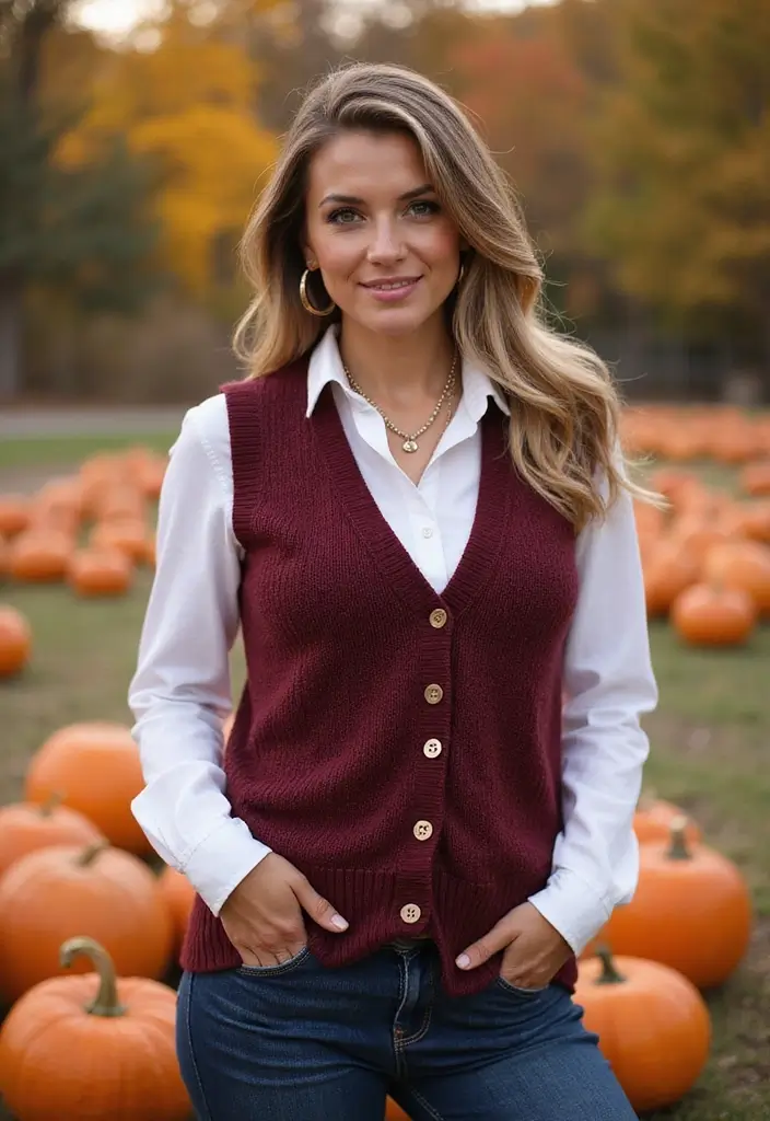21 Fall Outfits for Women That Will Make You the Envy of Every Pumpkin Patch! (#14 Is a Must-See!) - 5. Sweater Vest + White Shirt