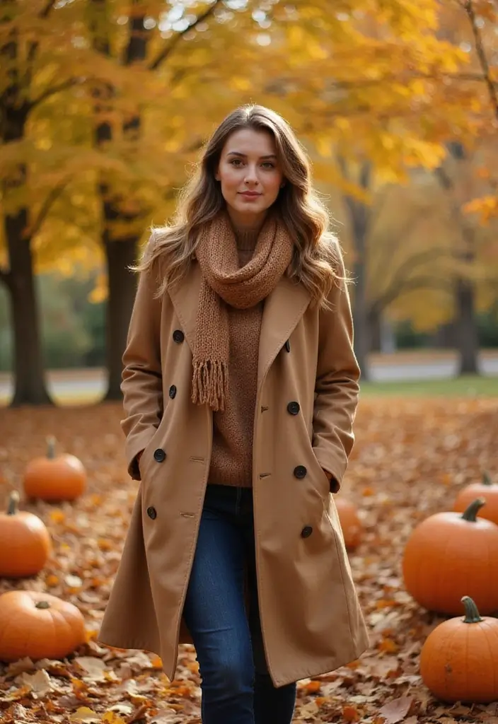 21 Fall Outfits for Women That Will Make You the Envy of Every Pumpkin Patch! (#14 Is a Must-See!) - 7. Classic Trench + Chunky Scarf