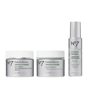 No7 Future Renew Damage Reversal Skincare Set - Anti Aging Face Serum (.33 Fl Oz), Day Cream with SPF 25 (1.69 Fl Oz) & Night Cream (1.69 Fl Oz) - Reverses Visible Signs of Sun Damage - 3-Piece Set
