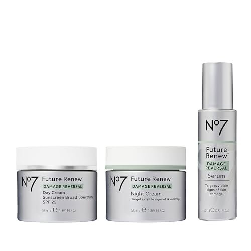 No7 Future Renew Damage Reversal Skincare Set - Anti Aging Face Serum (.33 Fl Oz), Day Cream with SPF 25 (1.69 Fl Oz) & Night Cream (1.69 Fl Oz) - Reverses Visible Signs of Sun Damage - 3-Piece Set