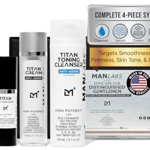 Man Labs Titan Sports Anti-Aging Mens Skin Care Kit – Cleanser, Face Serum, Eye Cream, Face Moisturizer – Men, Skin Care Set – Dark Circles, Wrinkles, Fine Lines – Vitamin C, Niacinamide, HA–Unscented