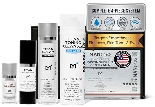 Man Labs Titan Sports Anti-Aging Mens Skin Care Kit – Cleanser, Face Serum, Eye Cream, Face Moisturizer – Men, Skin Care Set – Dark Circles, Wrinkles, Fine Lines – Vitamin C, Niacinamide, HA–Unscented
