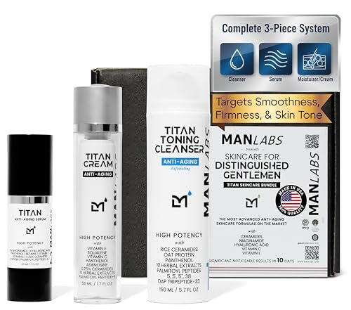 Man Labs Titan Anti-Aging Mens Skin Care Kit – Cleanser, Face Serum, Mens Face Moisturizer – Men, Skin Care Set – Dark Spots, Wrinkles, Fine Lines – Vitamin C, Niacinamide, Ceramides, HA – Unscented