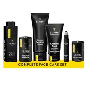 Lumin - Complete Set Men's skincare Routine includes: Charcoal Face Wash, Charcoal Scrub, Face Moisturizer, Wrinkle Serum, Recovery Oil & Dark Circle Defense Balm