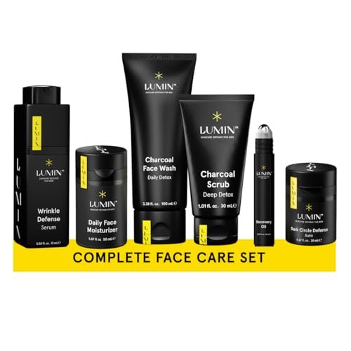 Lumin - Complete Set Men's skincare Routine includes: Charcoal Face Wash, Charcoal Scrub, Face Moisturizer, Wrinkle Serum, Recovery Oil & Dark Circle Defense Balm