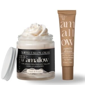 Amallow 100% Grass Fed Beef Tallow Skincare & Lip Balm Set - Whipped Moisturizer for Face & Body (Vanilla Lavender) + All Natural Tallow Lip Balm (Vanilla Dream)