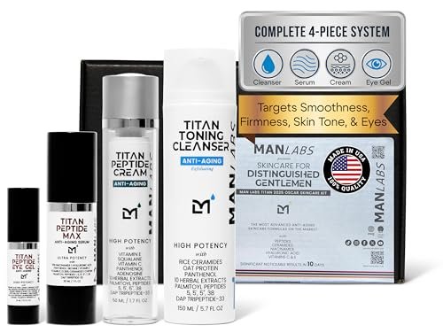 Man Labs Titan Oscar Anti-Aging Mens Skin Care Kit – Wash, Face Serum, Eye Cream, Mens Face Moisturizer – Men, Skin Care Set – Dark Circles, Wrinkles, Fine Lines – Vitamin C, Peptides, Niacinamide, HA