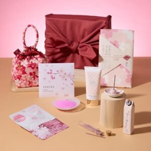Premium Sakura Japanese Skincare Set - Curated Self-Care Bundle with Sakura Soap, Bath Salt, Face Mask, Incense & Kinchaku Bag