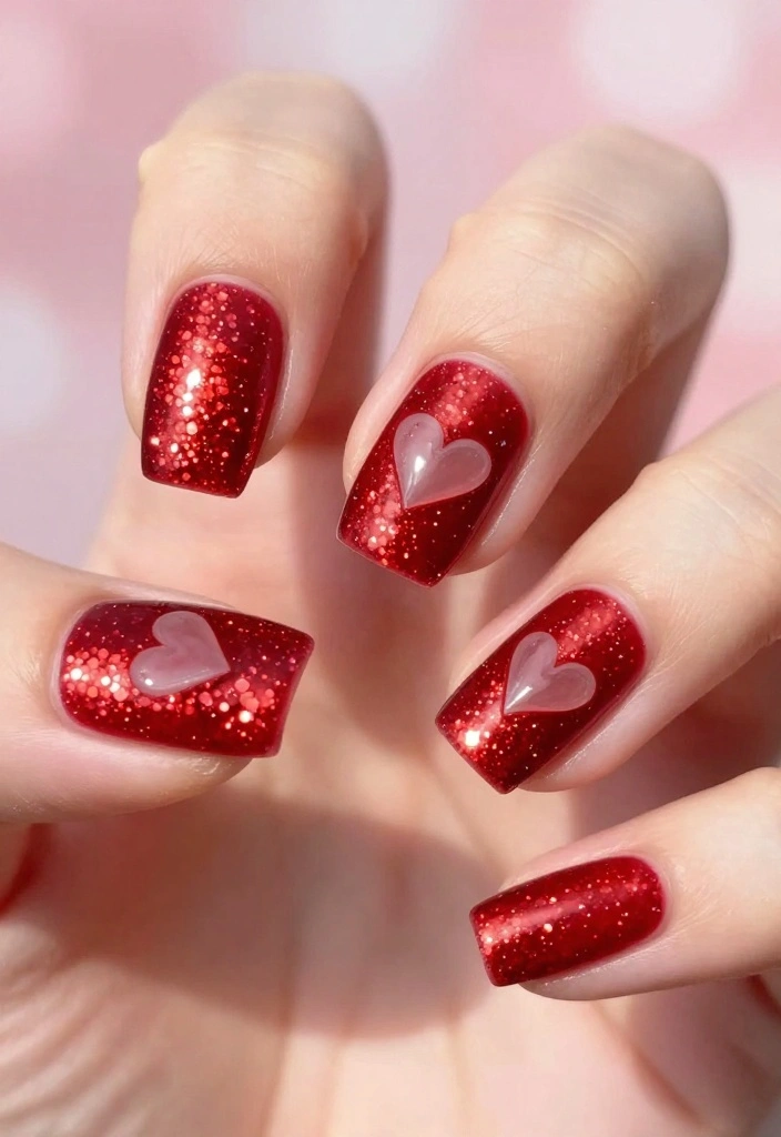 14 Adorable Valentine's Nail Ideas That'll Make You Fall in Love at First Sight! - 5. Glittery Love 1