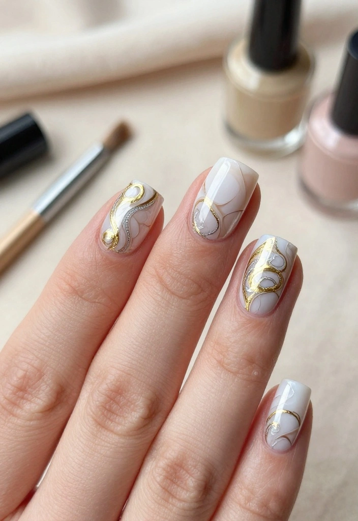 15 Chic Nail Color Ideas Featuring Gold and Silver That Are Perfect for Any Occasion! - 10. Marble Effect with Gold and Silver 1