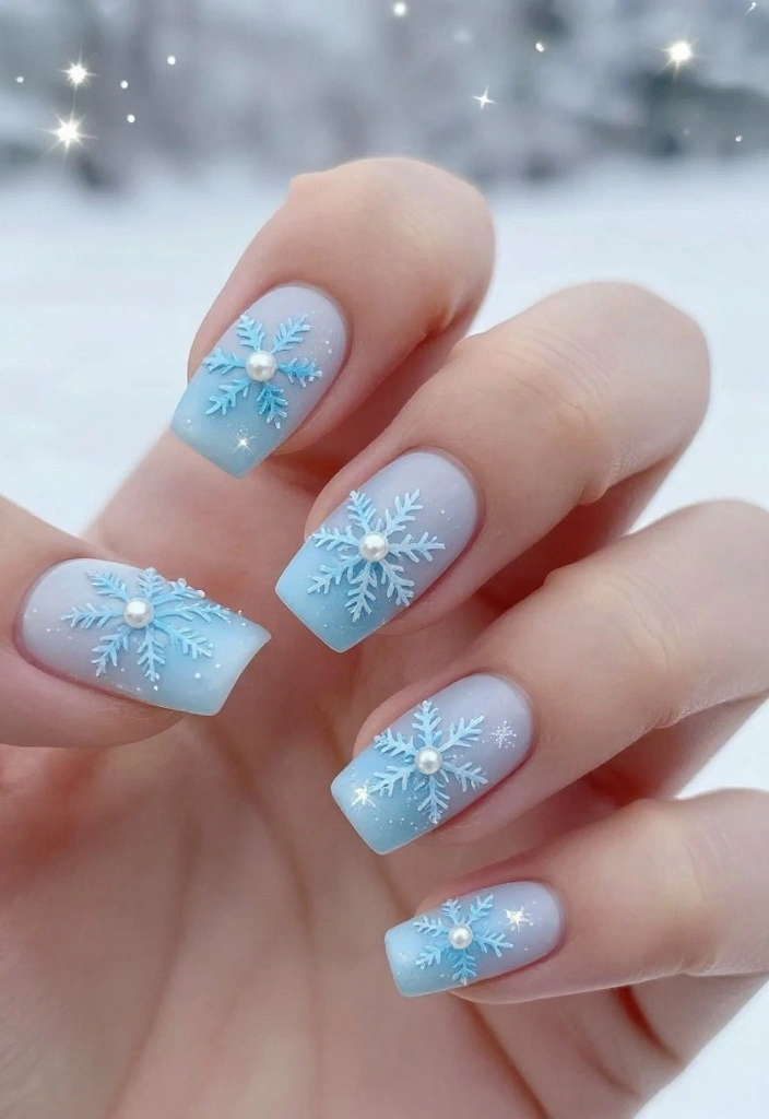 16 Icy Blue Nail Color Ideas for a Chic Winter Look Everyone Will Love! - 2. Frosted Blue with Snowflakes 1