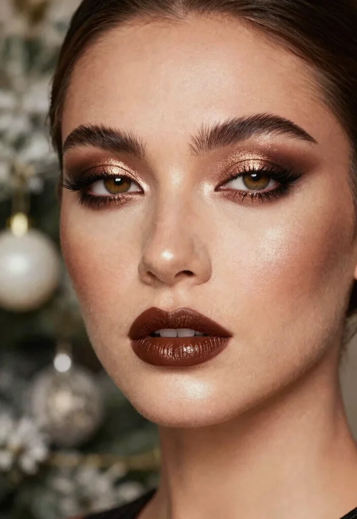 13 Sophisticated Holiday Makeup Looks That Exude Elegance and Class! - 11. Warm Metallics with Rich Brown Lips 1