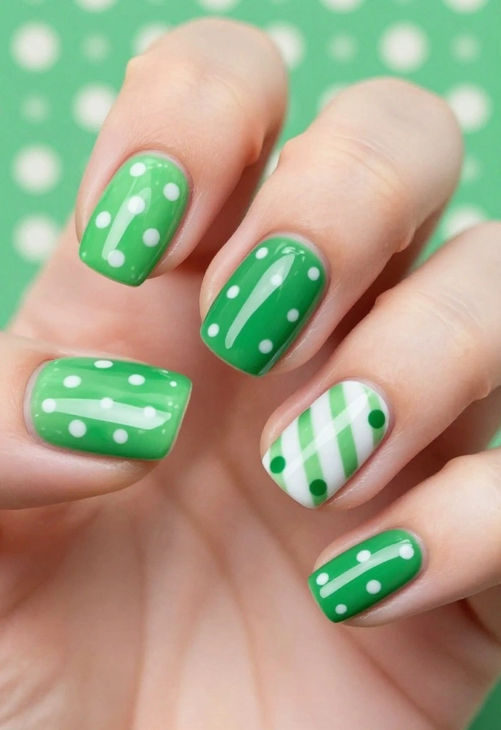 15 Stunning St. Patrick's Day Nail Designs That Will Have You Feeling Lucky! - 9. Polka Dots and Stripes 1