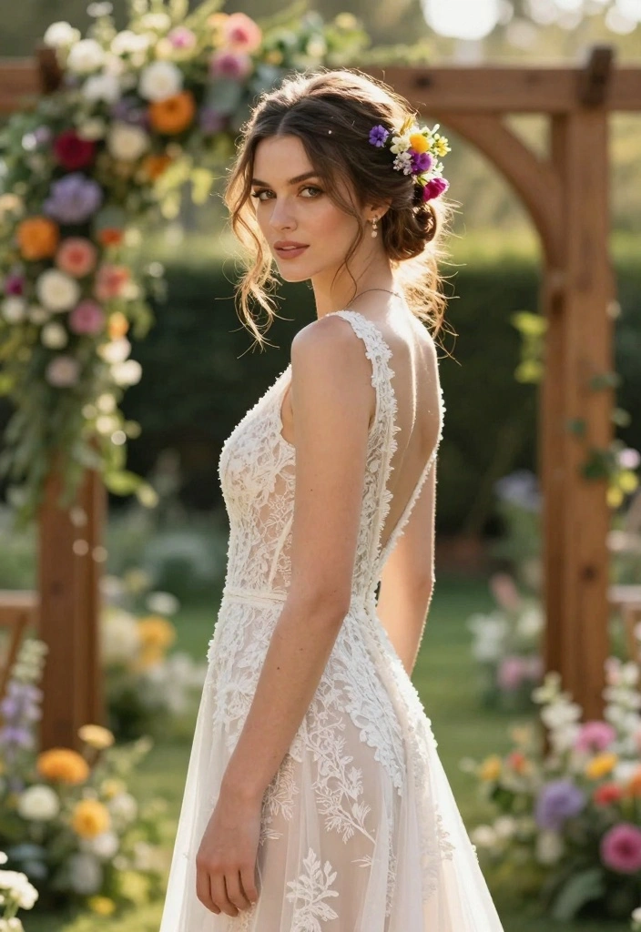 16 Boho Bridal Hairstyles That Are Perfect for a Free-Spirited Bride! - 5. Twisted Updo with Wildflowers 1