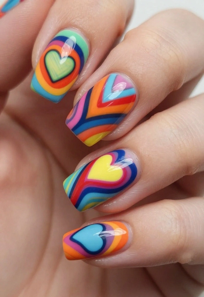25 Stunning Valentines Nails That Will Make Your Heart Skip a Beat! (You Won't Believe #12!) - 15. Colorful Love Stripes 1