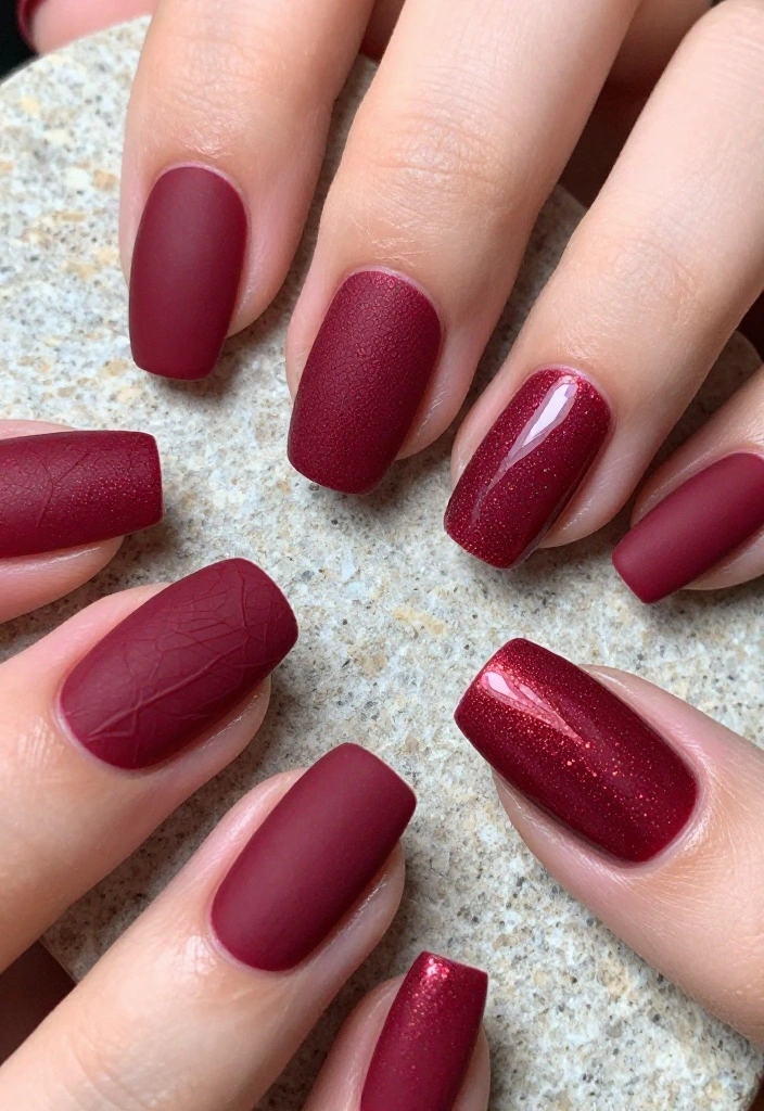 14 Elegant Burgundy Glossy Nail Looks for Your Next Special Occasion! - 12. Textured Burgundy Nails 1