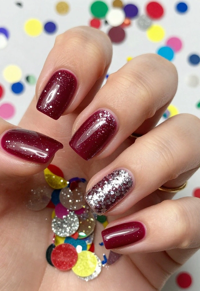 14 Elegant Burgundy Glossy Nail Looks for Your Next Special Occasion! - 14. Burgundy and Silver Glitter Mix 1