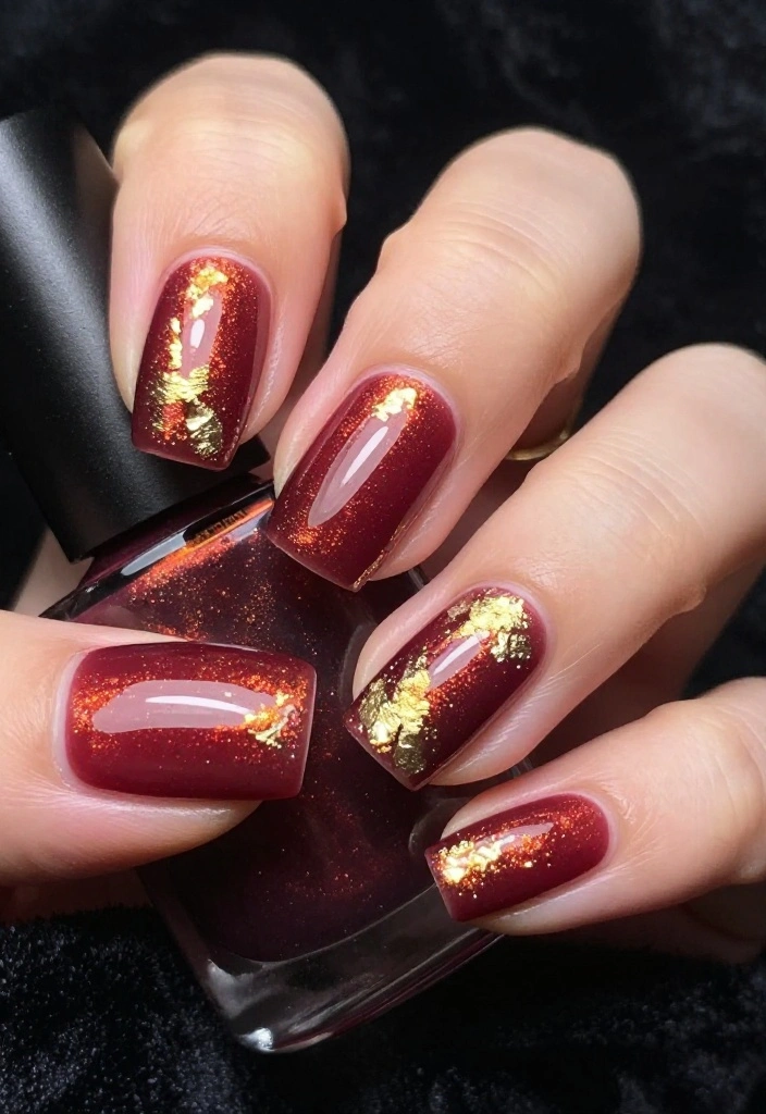 14 Elegant Burgundy Glossy Nail Looks for Your Next Special Occasion! - 4. Burgundy with Gold Foil Accents 1