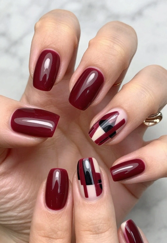 14 Elegant Burgundy Glossy Nail Looks for Your Next Special Occasion! - 7. Geometric Patterns 1