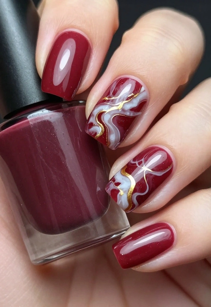 14 Elegant Burgundy Glossy Nail Looks for Your Next Special Occasion! - 9. Burgundy Marble Effect 1